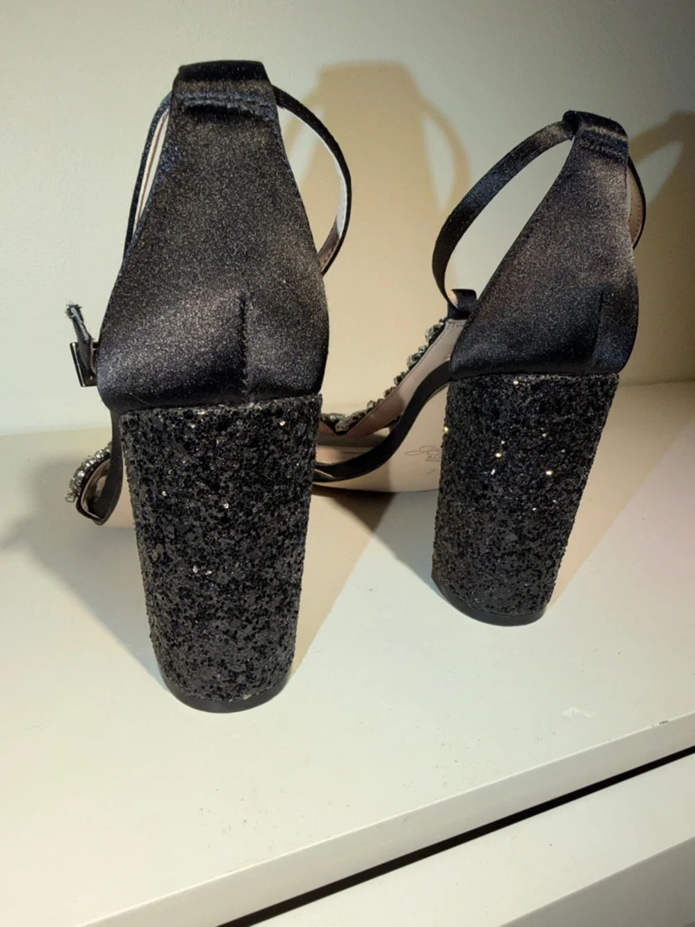 Jewel Badgley Mischka Black Crystal-Embellished Block Heel Sandals.Sz 7‎ Chic